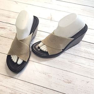 Donald J. Pliner Tan Canvas Open Toe Wedges